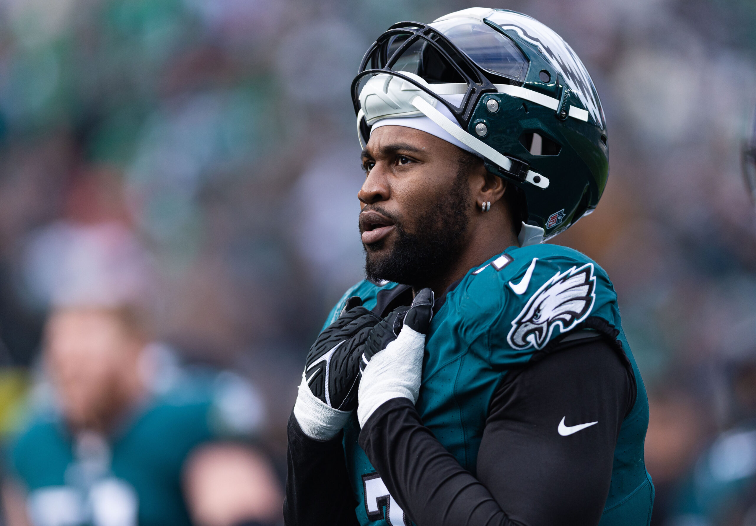 Dec 31, 2023; Philadelphia, Pennsylvania, USA; Philadelphia Eagles linebacker Haason Reddick (7) looks on during the second quarter against the Arizona Cardinals at Lincoln Financial Field.