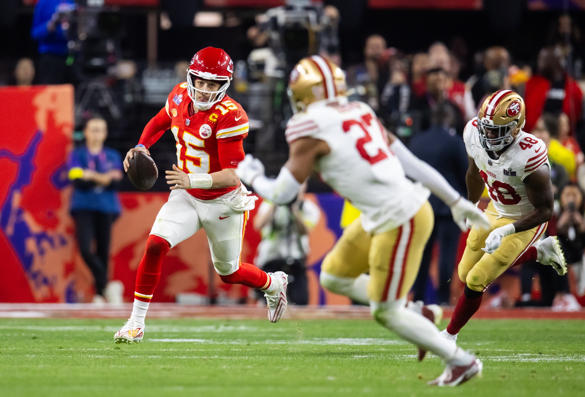 Feb 11, 2024; Paradise, Nevada, USA; Kansas City Chiefs quarterback Patrick Mahomes (15) against the San Francisco 49ers during Super Bowl LVIII at Allegiant Stadium. Mandatory Credit: Mark J. Rebilas-USA TODAY Sports