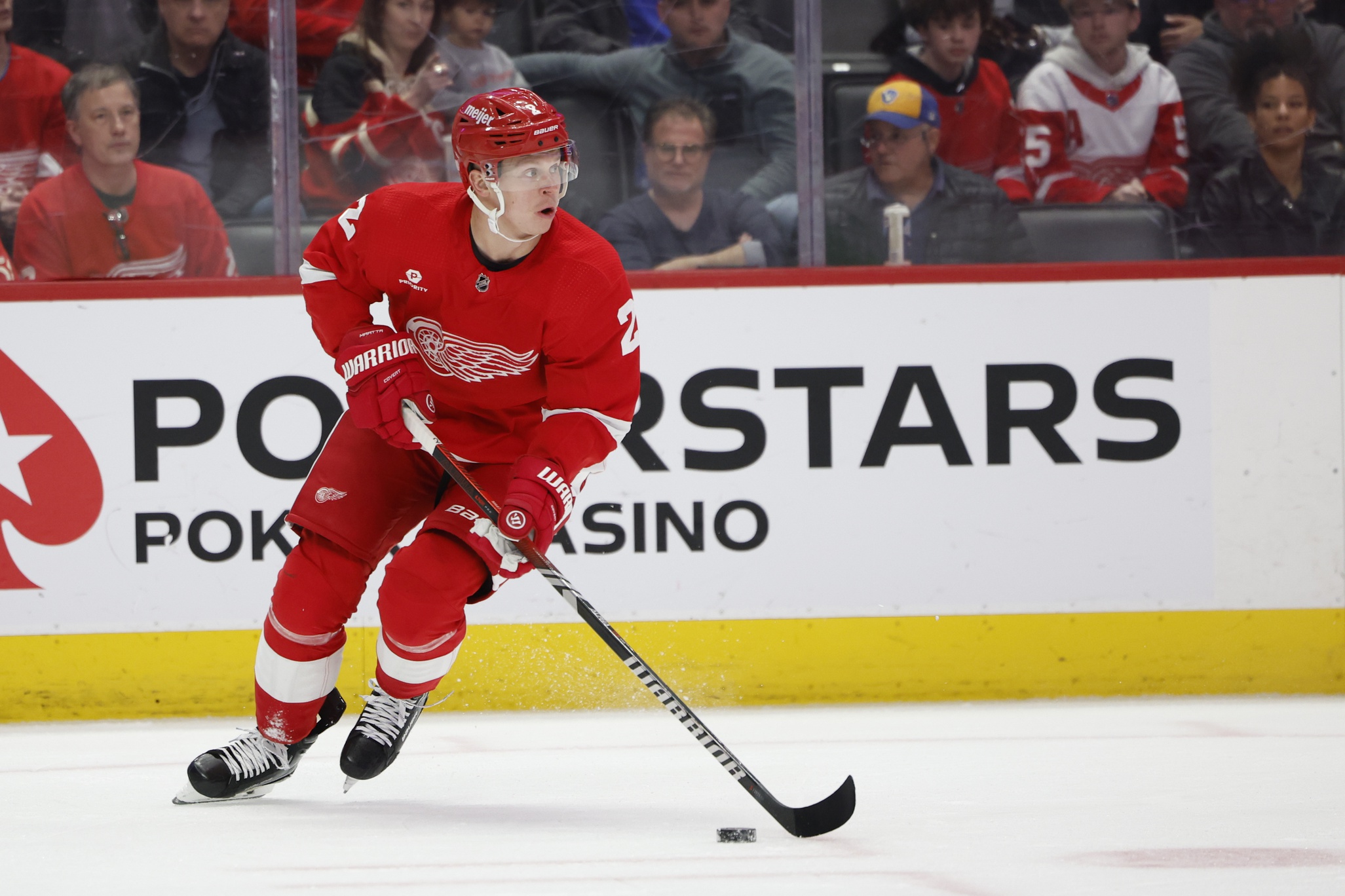 Mar 14, 2024; Detroit, Michigan, USA; Detroit Red Wings defenseman Olli Maatta (2) skates with the puck in the first period against the Arizona Coyotes at Little Caesars Arena. Mandatory Credit: Rick Osentoski-USA TODAY Sports