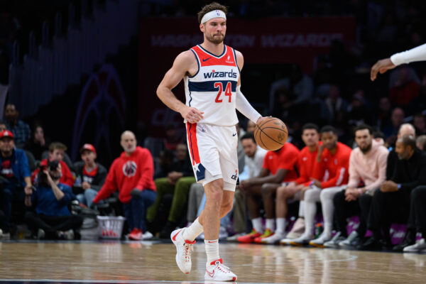 Apr 2, 2024; Washington, District of Columbia, USA; Washington Wizards forward Corey Kispert (24) brings the ball up court during the third quarter against the Milwaukee Bucks at Capital One Arena.