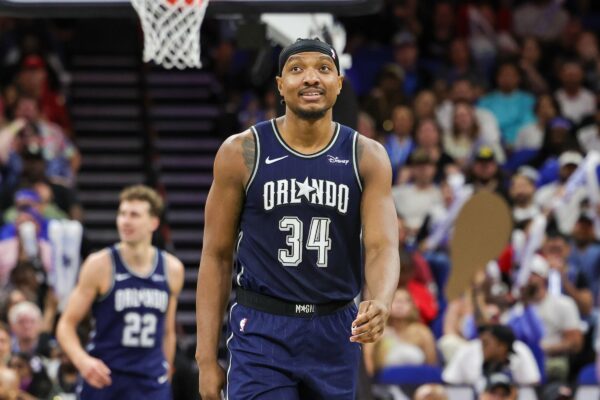 Apr 7, 2024; Orlando, Florida, USA; Orlando Magic center Wendell Carter Jr. (34) walks up court after a call during the second quarter against the Chicago Bulls at KIA Center