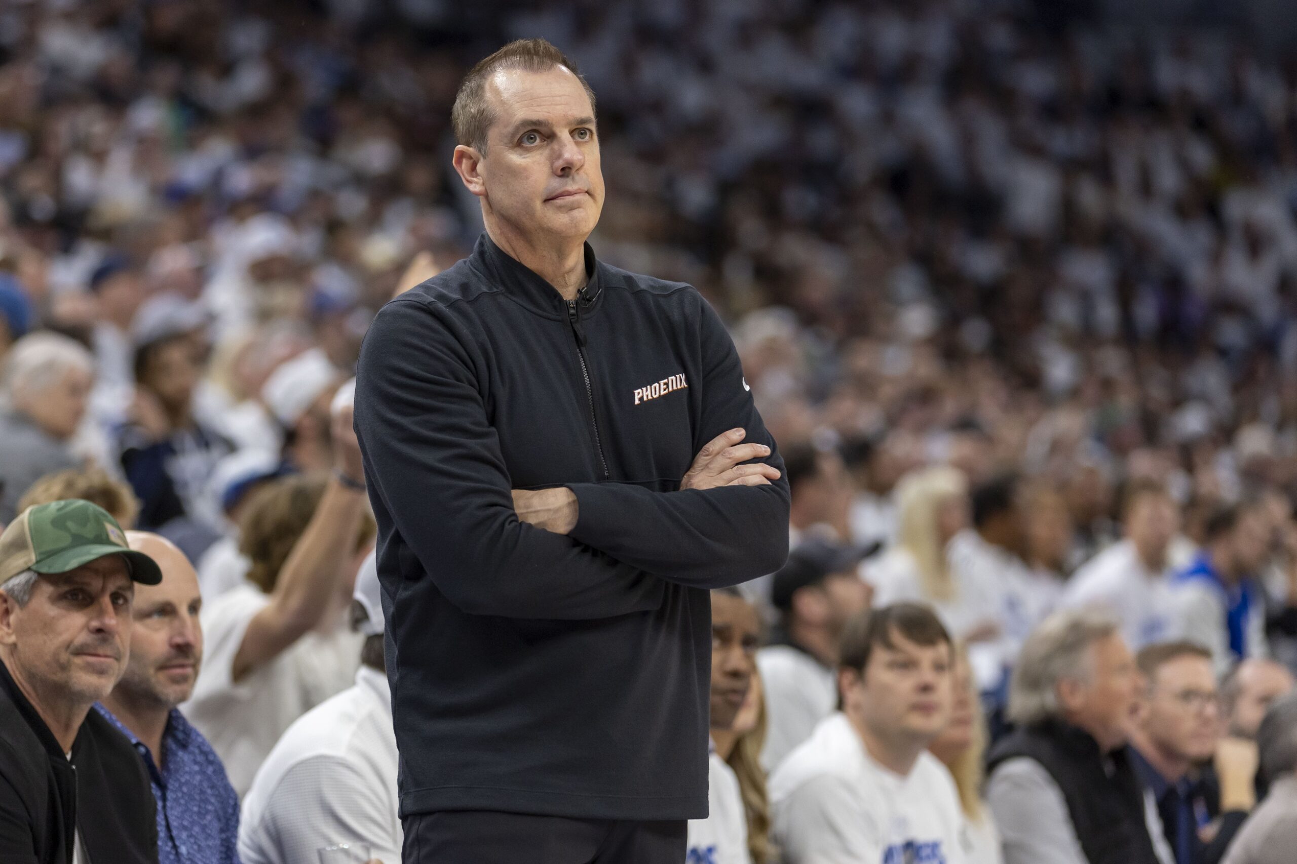 Apr 20, 2024; Minneapolis, Minnesota, USA; Phoenix Suns head coach Frank Vogel looks on against the Minnesota Timberwolves in the first half during game one of the first round for the 2024 NBA playoffs at Target Center. Mandatory Credit: Jesse Johnson-USA TODAY Sports