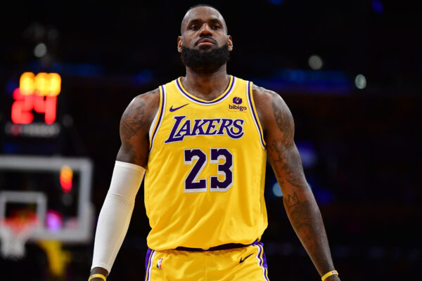 Apr 25, 2024; Los Angeles, California, USA; Los Angeles Lakers forward LeBron James (23) reacts during the second half in game three of the first round for the 2024 NBA playoffs at Crypto.com Arena.