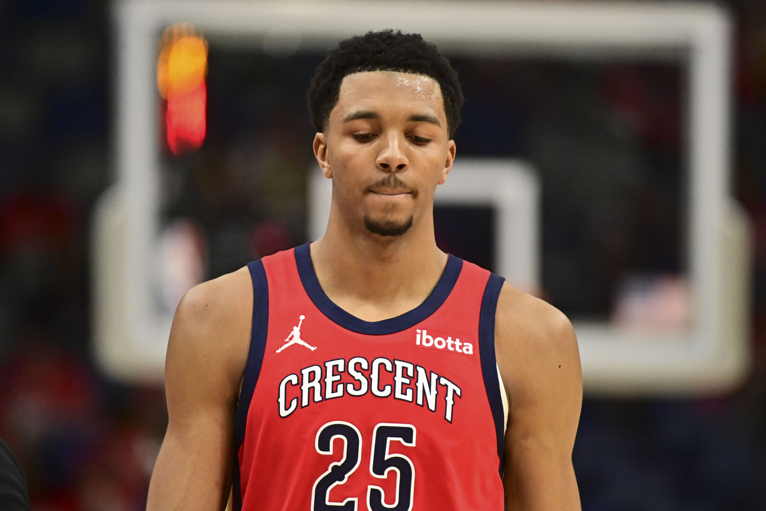 Apr 27, 2024; New Orleans, Louisiana, USA; New Orleans Pelicans Guard Trey Murphy III (25) walks down the court against the Oklahoma City Thunder during fourth quarter of game three of the first round for the 2024 NBA playoffs at Smoothie King Center.