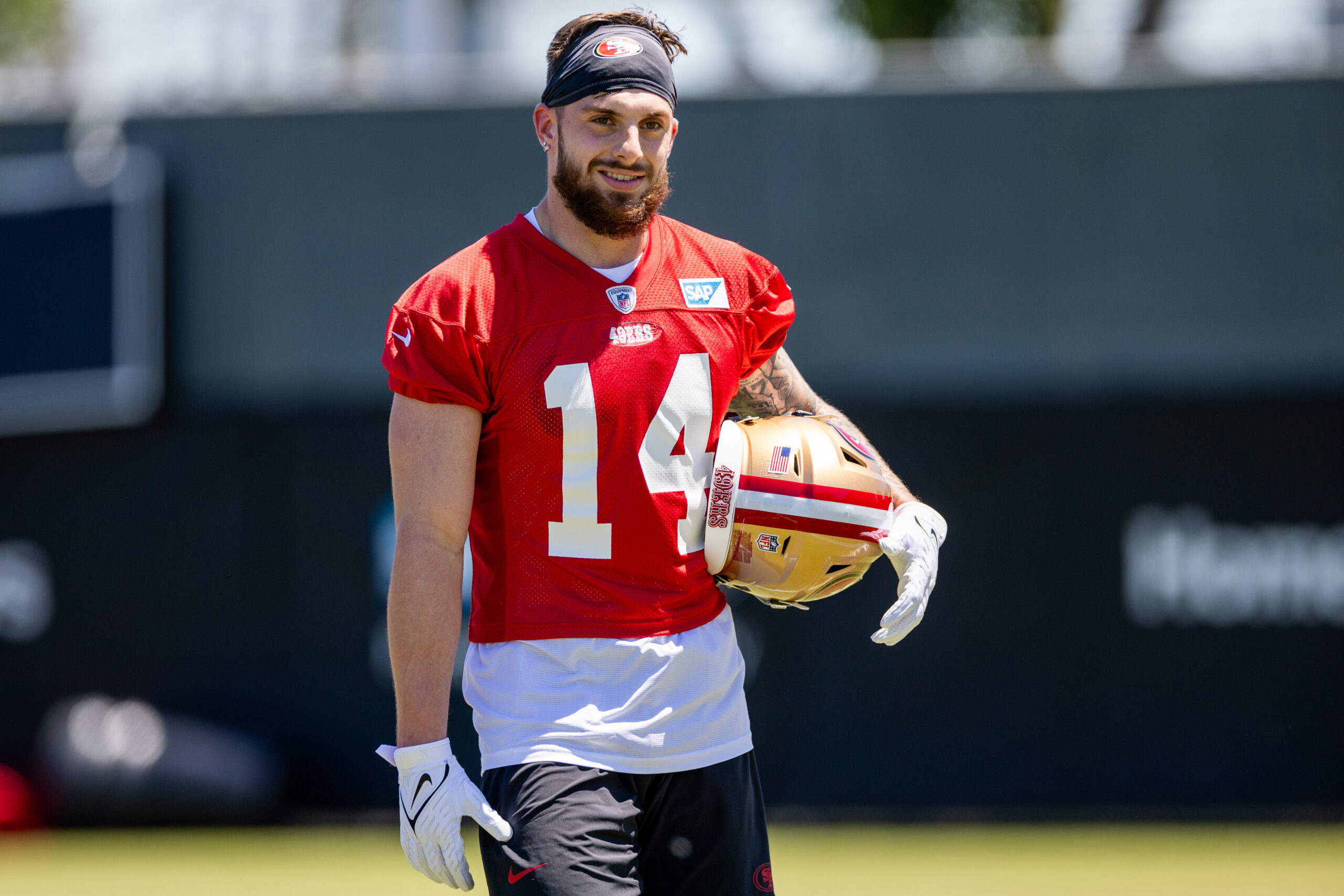 May 10, 2024; Santa Clara, CA, USA; San Francisco 49ers wide receiver Ricky Pearsall (14) smiles during the 49ers rookie minicamp at LeviÕs Stadium in Santa Clara, CA.