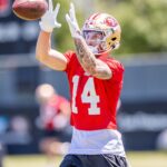 May 10, 2024; Santa Clara, CA, USA; San Francisco 49ers wide receiver Ricky Pearsall (14) runs drills during the 49ers rookie minicamp at LeviÕs Stadium in Santa Clara, CA. Mandatory Credit: Robert Kupbens-USA TODAY Sports