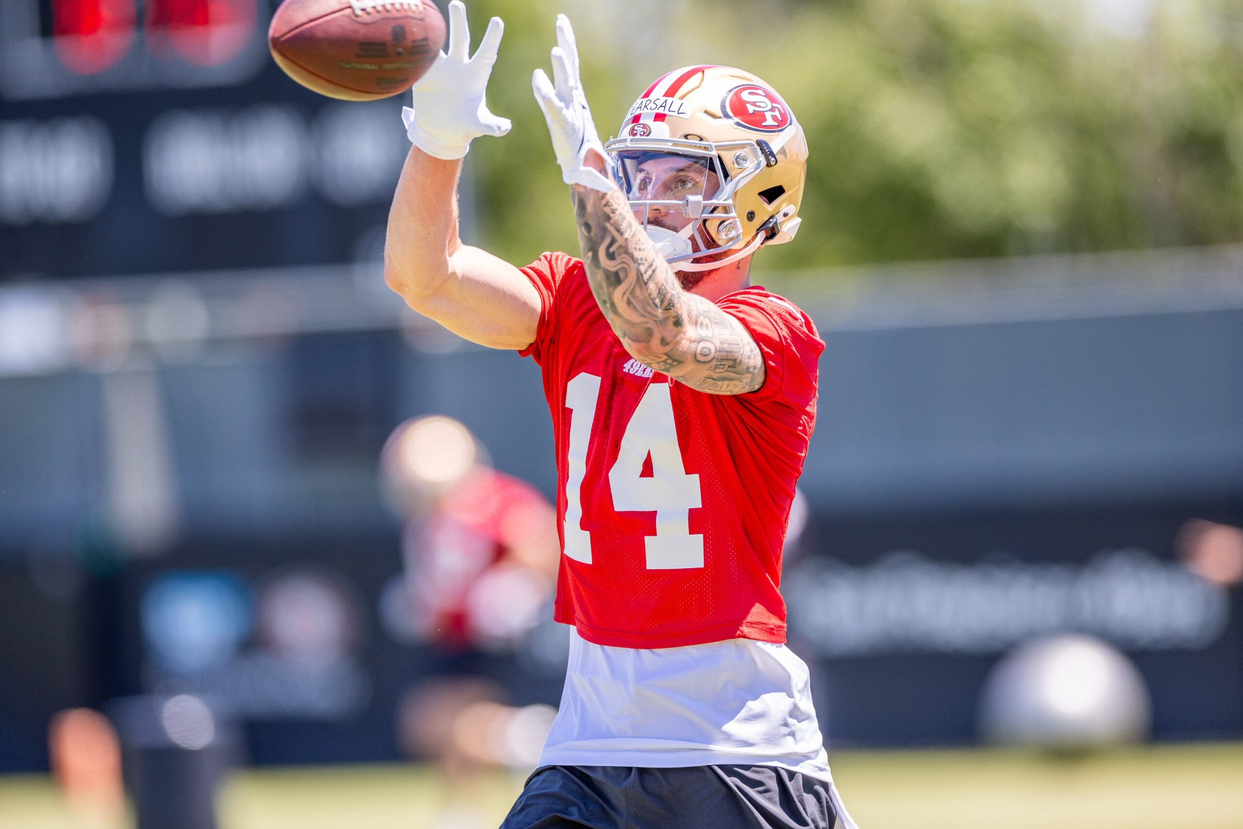 May 10, 2024; Santa Clara, CA, USA; San Francisco 49ers wide receiver Ricky Pearsall (14) runs drills during the 49ers rookie minicamp at LeviÕs Stadium in Santa Clara, CA. Mandatory Credit: Robert Kupbens-USA TODAY Sports