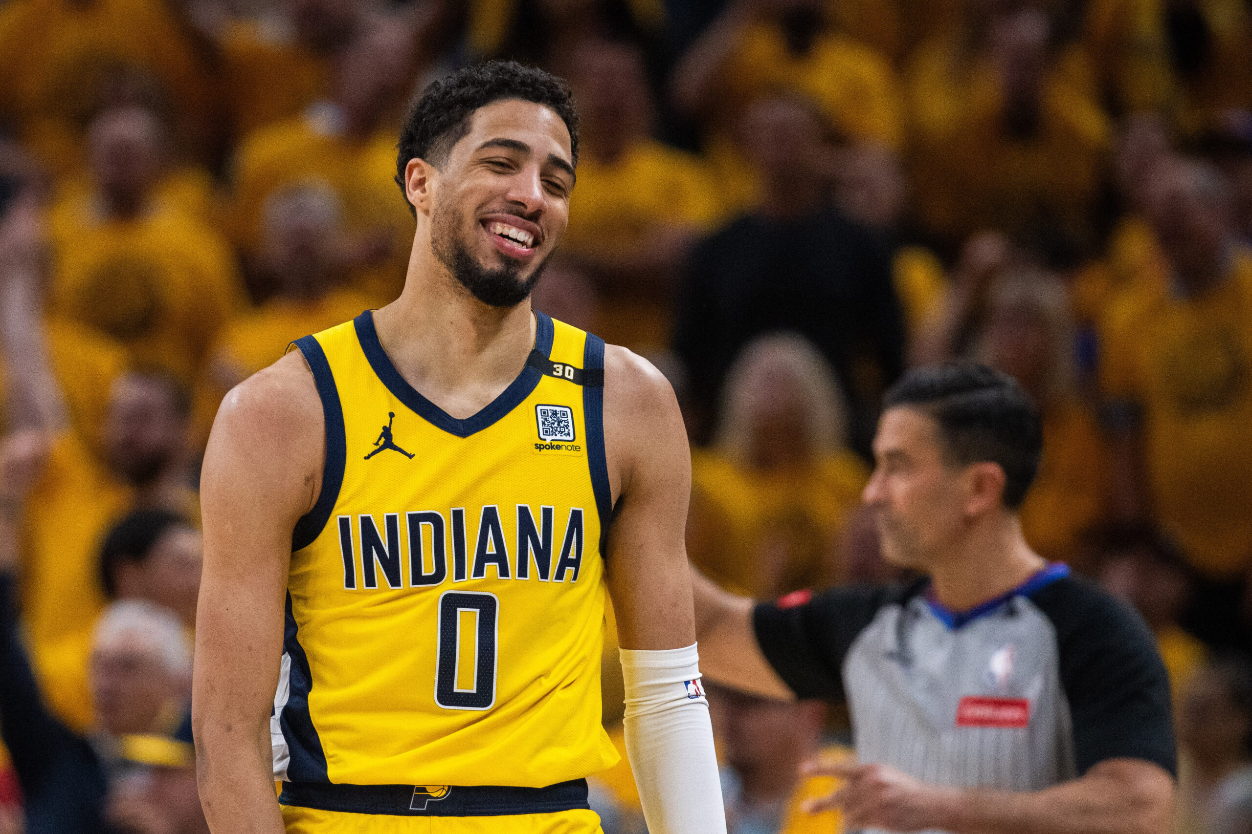 May 17, 2024; Indianapolis, Indiana, USA; Indiana Pacers guard Tyrese Haliburton (0) smiles during game six of the second round for the 2024 NBA playoffs against the New York Knicks at Gainbridge Fieldhouse.