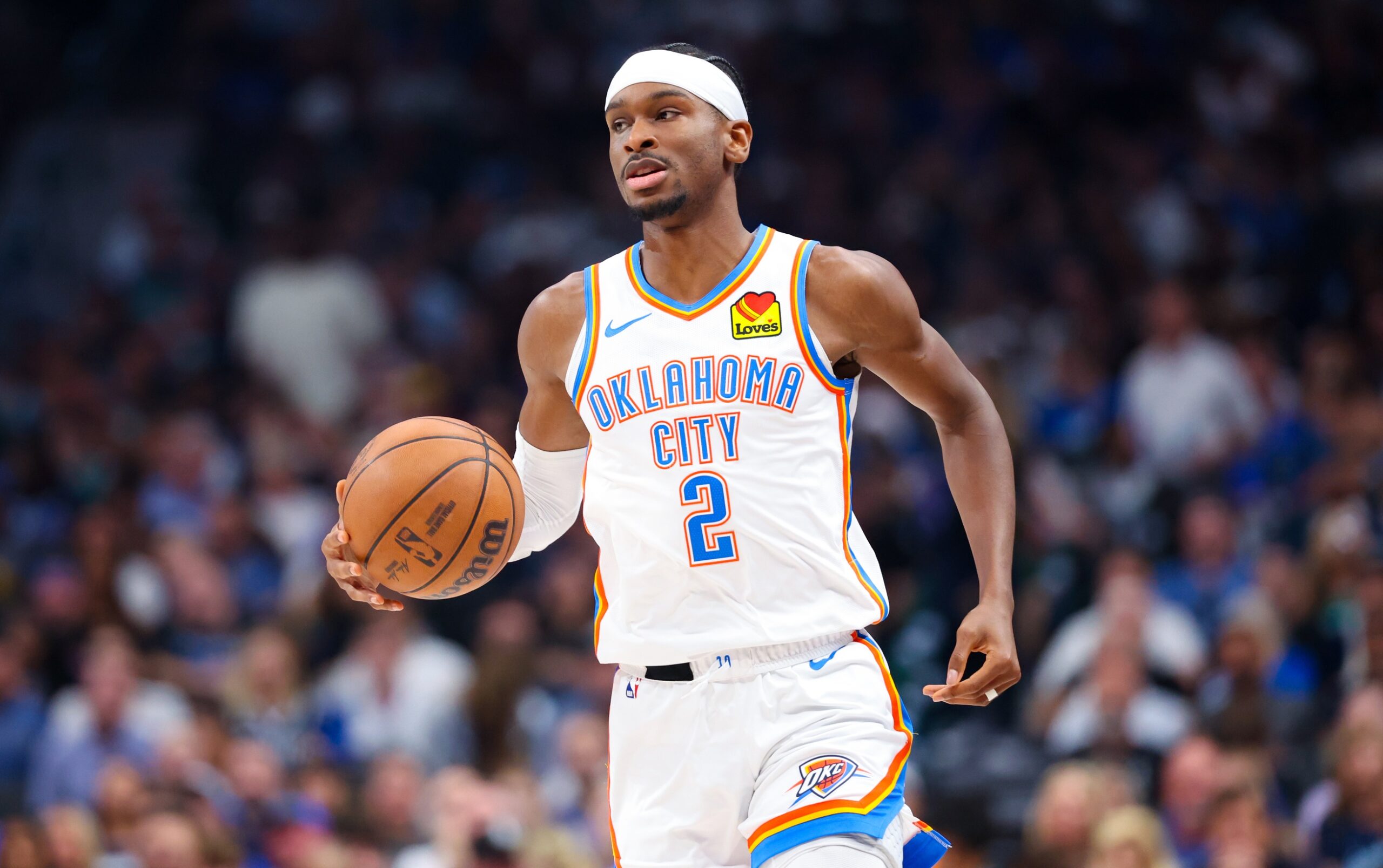 May 18, 2024; Dallas, Texas, USA; Oklahoma City Thunder guard Shai Gilgeous-Alexander (2) dribbles against the Dallas Mavericks during the second quarter in game six of the second round of the 2024 NBA playoffs at American Airlines Center.