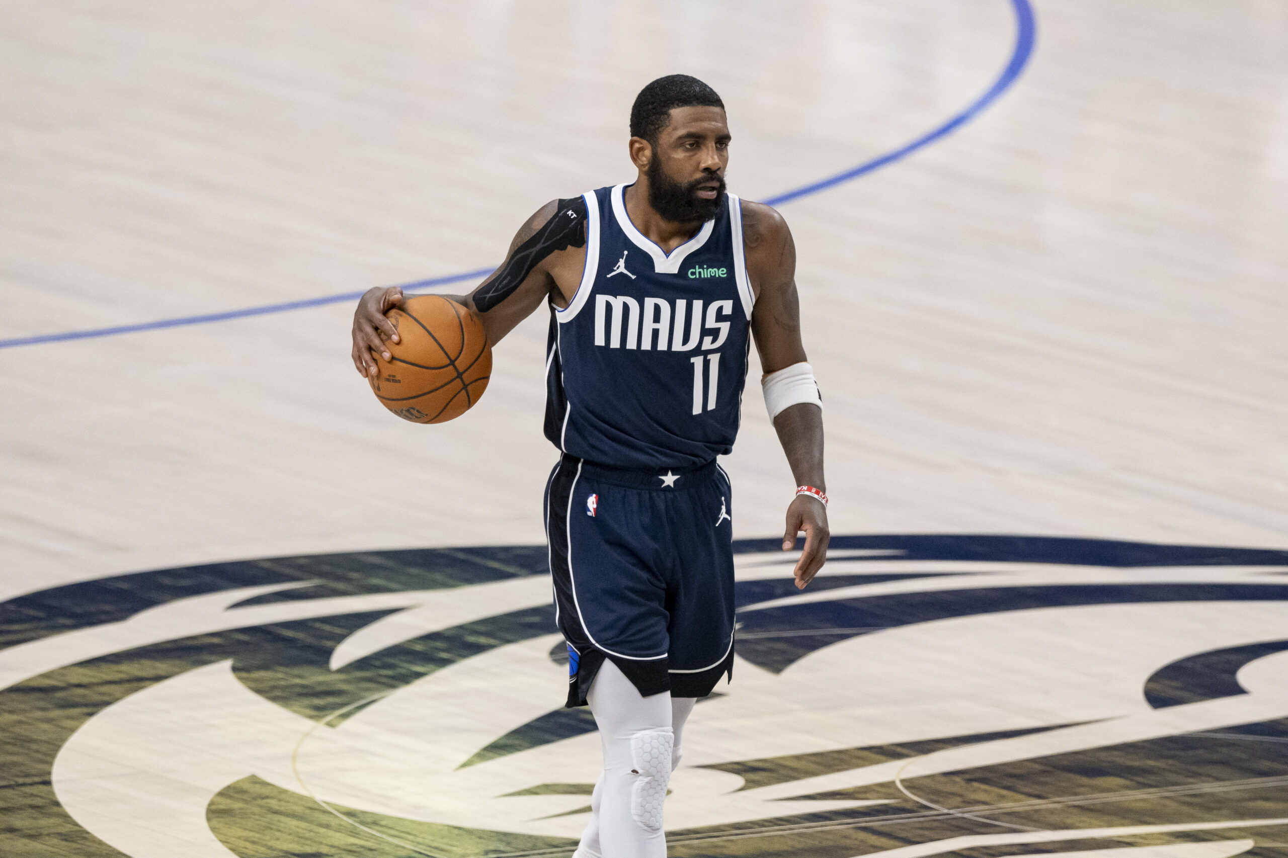 Jun 14, 2024; Dallas, Texas, USA; Dallas Mavericks guard Kyrie Irving (11) in action during the game between the Dallas Mavericks and the Boston Celtics in game four of the 2024 NBA Finals at American Airlines Center.