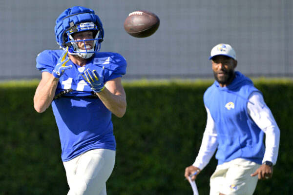 Jul 29, 2024; Los Angeles, CA, USA; Los Angeles Rams wide receiver Cooper Kupp (10) catches a pass during training camp at Loyola Marymount University. Mandatory Credit: Jayne Kamin-Oncea-USA TODAY Sports