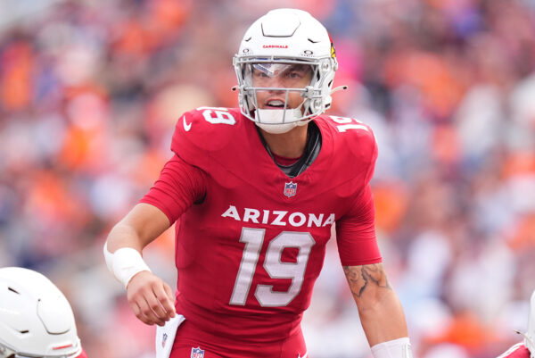 Aug 25, 2024; Denver, Colorado, USA; Arizona Cardinals quarterback Desmond Ridder (19) during the second half against the Denver Broncos at Empower Field at Mile High.