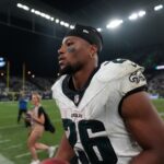 Sep 6, 2024; Sao Paulo, Brazil; Philadelphia Eagles running back Saquon Barkley (26) leaves the field after the 2024 NFL Sao Paolo Game against the Green Bay Packers at Neo Quimica Arena. Mandatory Credit: Kirby Lee-Imagn Images