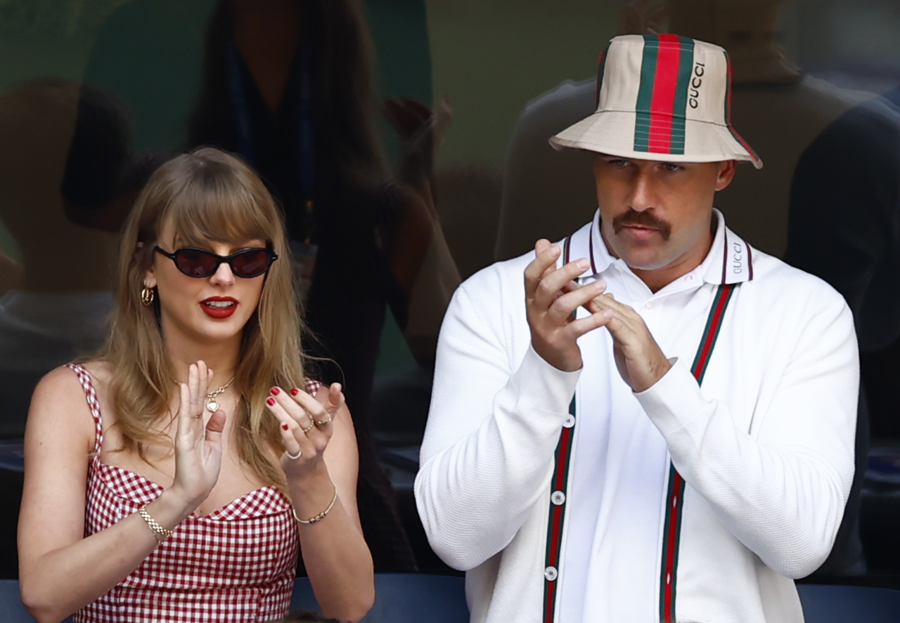 Sep 8, 2024; Flushing, NY, USA; Recording artist Taylor Swift and Kansas City Chiefs tight end Travis Kelce look on in the men’s singles final of the 2024 U.S. Open tennis tournament at USTA Billie Jean King National Tennis Center at Louis Armstrong Stadium.