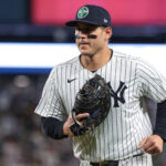 Sep 11, 2024; Bronx, New York, USA; New York Yankees first baseman Anthony Rizzo (48) runs in at the end of the top of the third inning against the Kansas City Royals at Yankee Stadium. Mandatory Credit: Vincent Carchietta-Imagn Images