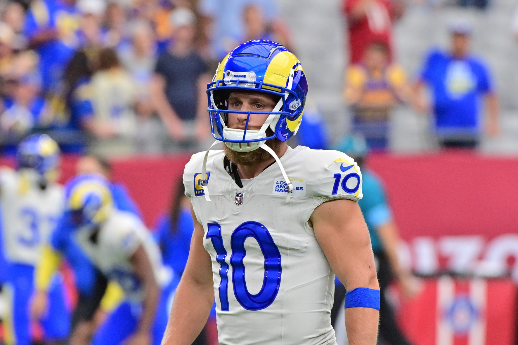 Sep 15, 2024; Glendale, Arizona, USA; Los Angeles Rams wide receiver Cooper Kupp (10) prior to a game against the Arizona Cardinals at State Farm Stadium. Mandatory Credit: Matt Kartozian-Imagn Images