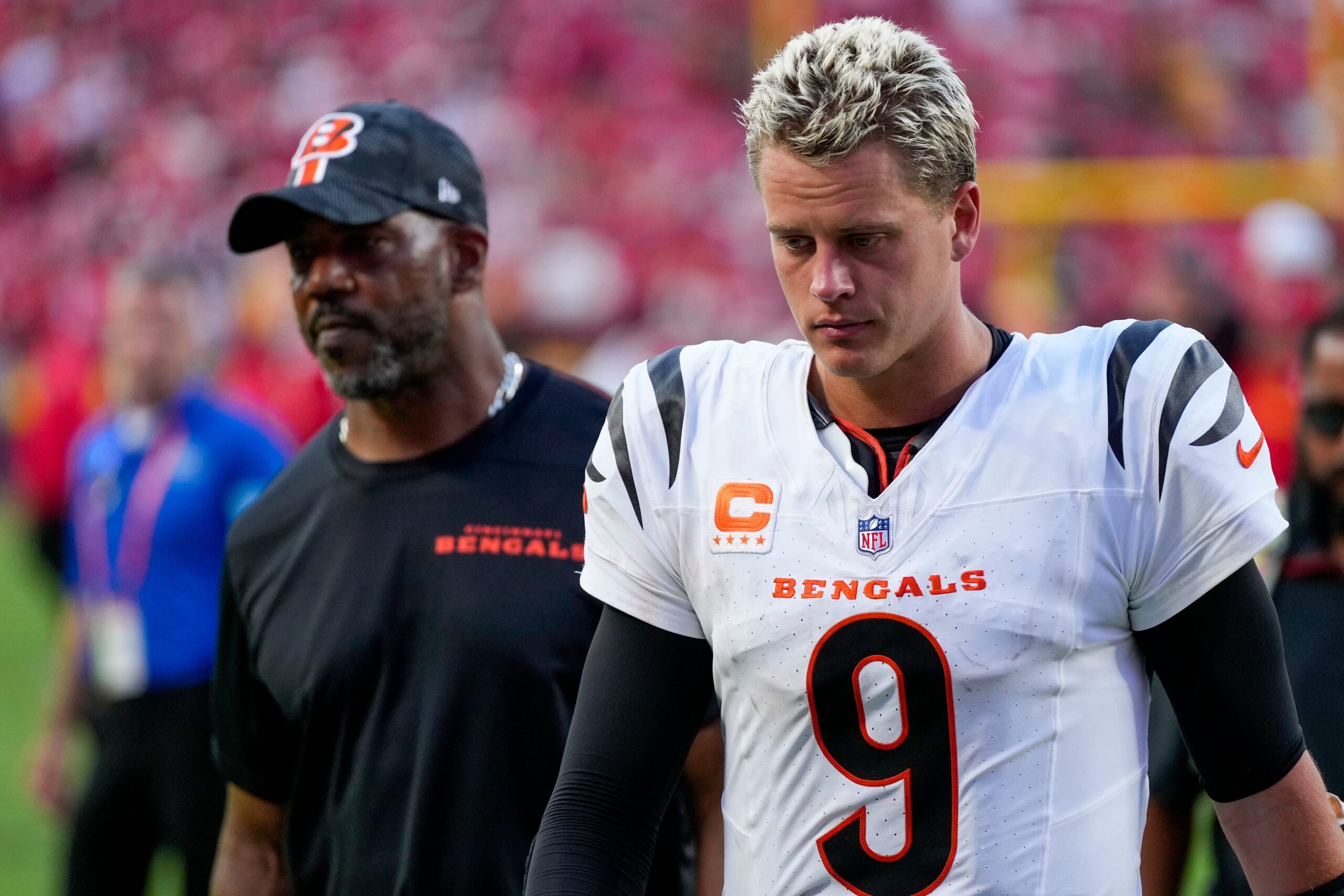 Cincinnati Bengals quarterback Joe Burrow (9) walks for the locker room after the fourth quarter of the NFL Week 2 game between the Kansas City Chiefs and the Cincinnati Bengals at Arrowhead Stadium in Kansas City on Sunday, Sept. 15, 2024. The Chiefs took a 26-25 win with a go-ahead field goal as time expired.