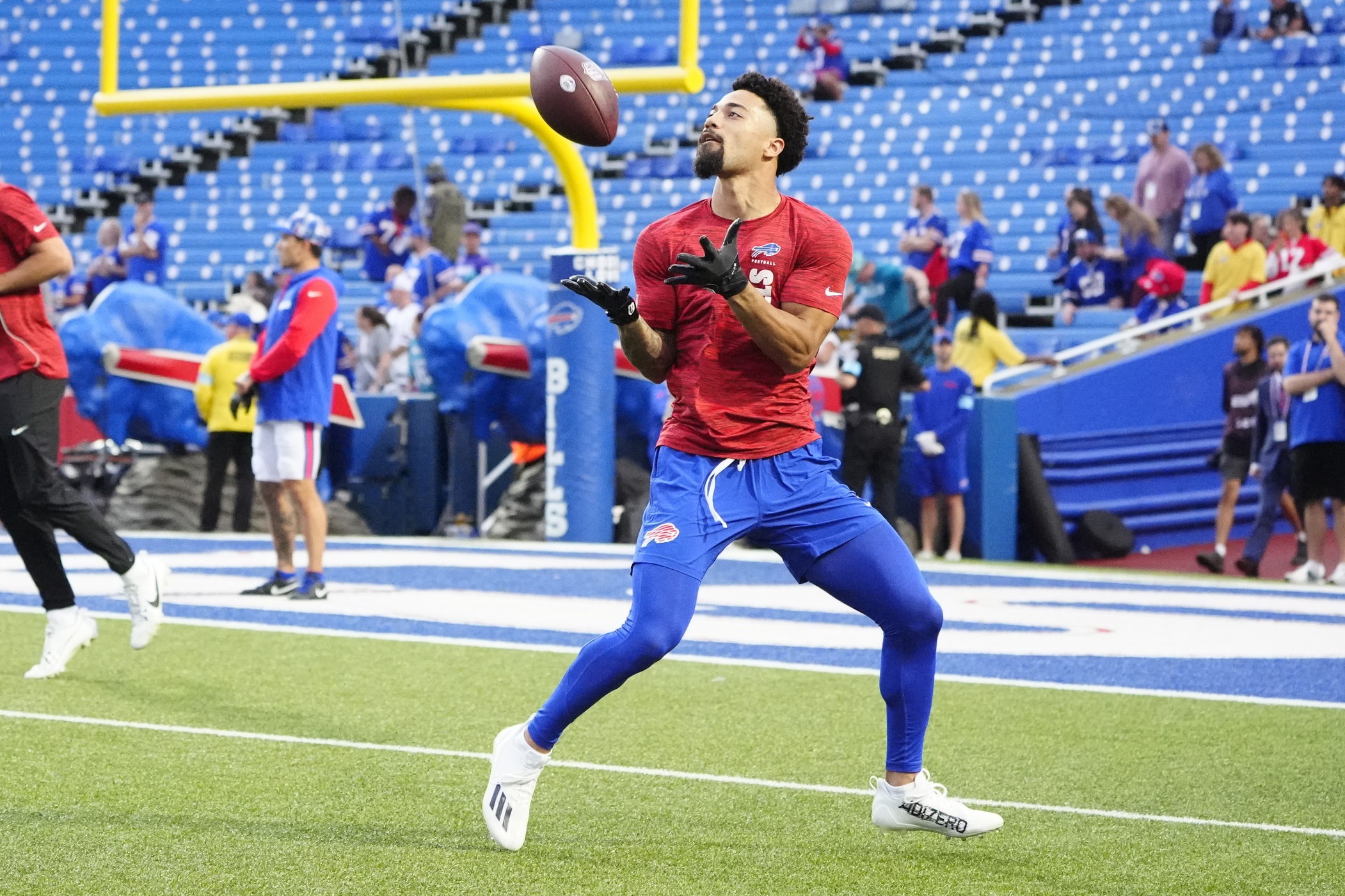 Sep 23, 2024; Orchard Park, New York, USA; Buffalo Bills wide receiver Khalil Shakir (10) warms up prior to the game against the Jacksonville Jaguars at Highmark Stadium. Mandatory Credit: Gregory Fisher-Imagn Images