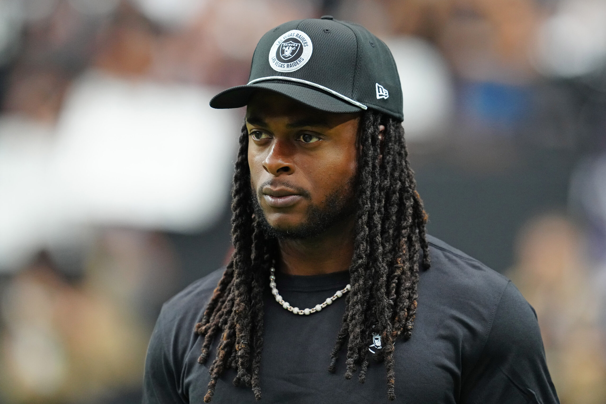 Sep 29, 2024; Paradise, Nevada, USA; Las Vegas Raiders wide receiver Davante Adams (17) walks the sideline before the start of a game between the Raiders and the Cleveland Browns at Allegiant Stadium for NFL.