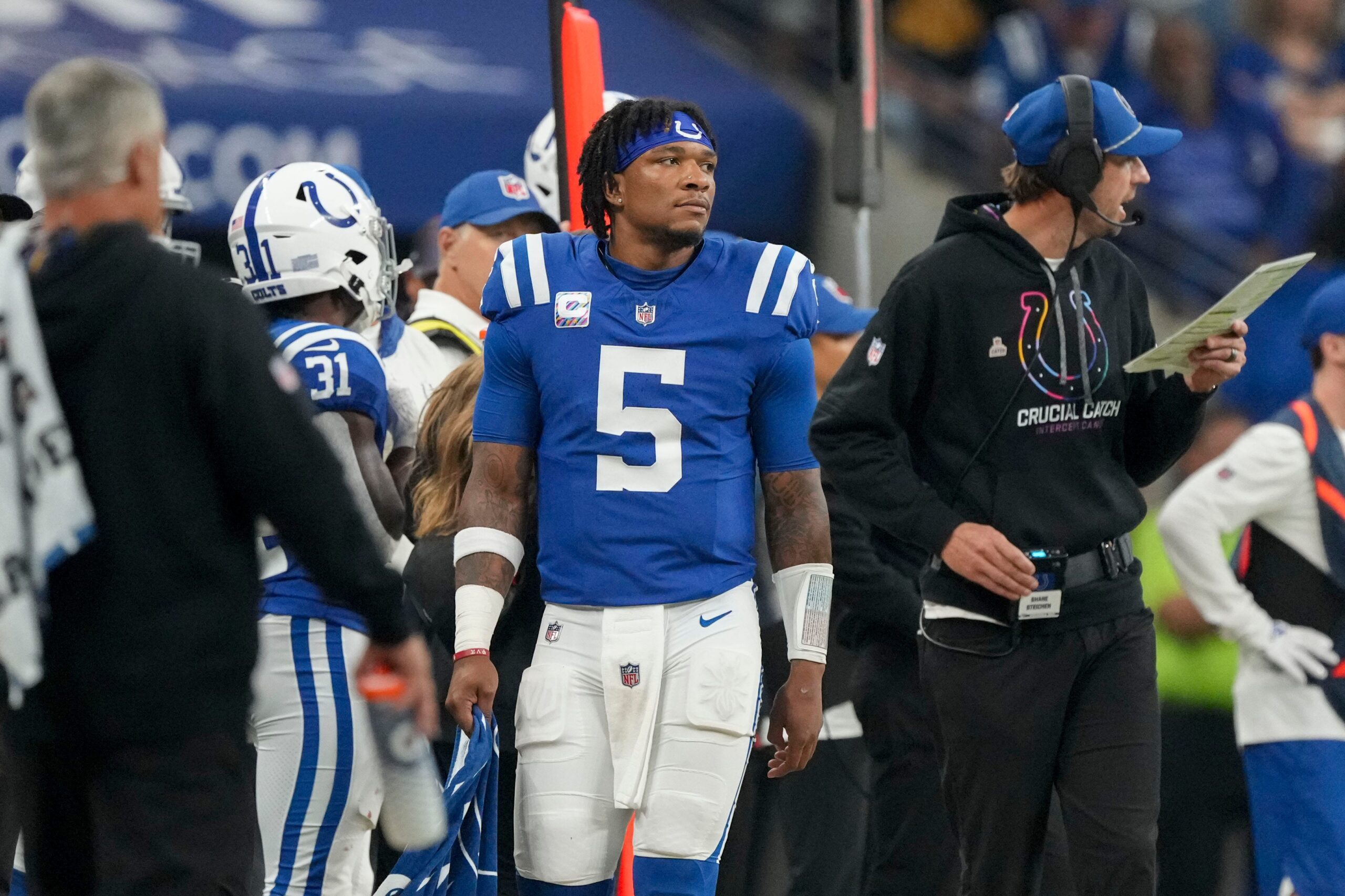 Indianapolis Colts quarterback Anthony Richardson (5) walks the sidelines Sunday, Sept. 29, 2024, during a game against the Pittsburgh Steelers at Lucas Oil Stadium in Indianapolis.