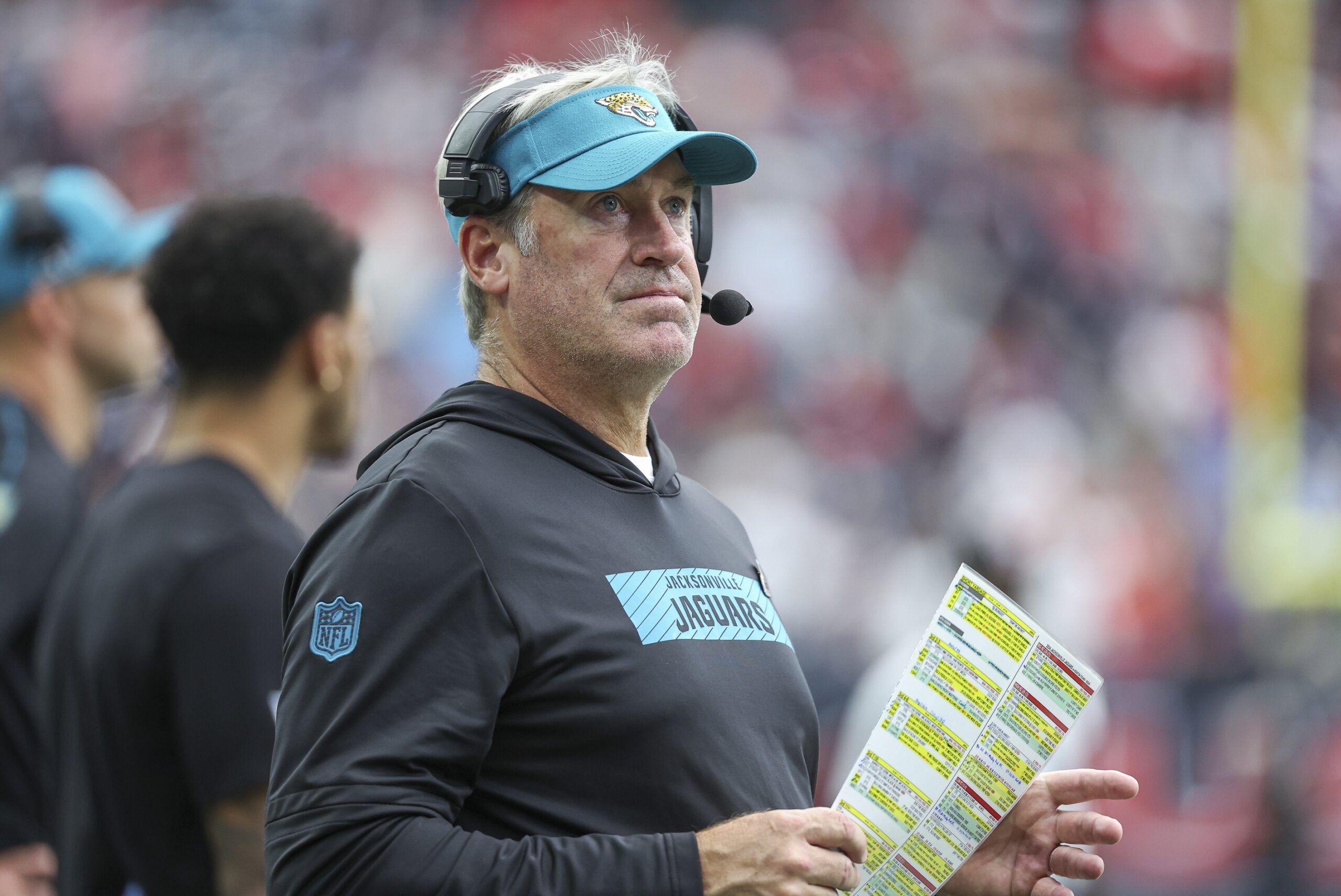 Sep 29, 2024; Houston, Texas, USA; Jacksonville Jaguars head coach Doug Pederson looks on during the fourth quarter against the Houston Texans at NRG Stadium. Mandatory Credit: Troy Taormina-Imagn Images