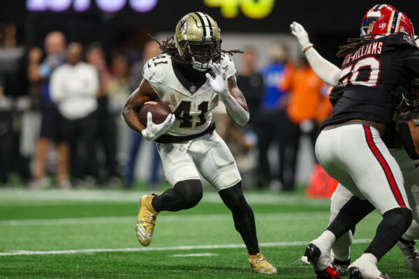 Sep 29, 2024; Atlanta, Georgia, USA; New Orleans Saints running back Alvin Kamara (41) runs the ball against the Atlanta Falcons in the fourth quarter at Mercedes-Benz Stadium. Mandatory Credit: Brett Davis-Imagn Images