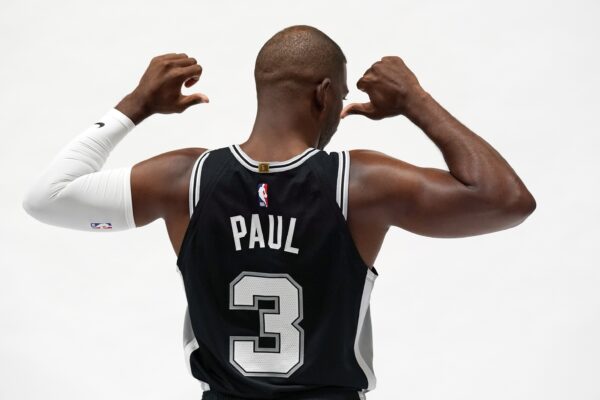 Sep 30, 2024; San Antonio, TX, USA; San Antonio Spurs guard Chris Paul (3) poses for photos during Media day at Victory Capital Performance Center in San Antonio. Mandatory Credit: Scott Wachter-Imagn Images