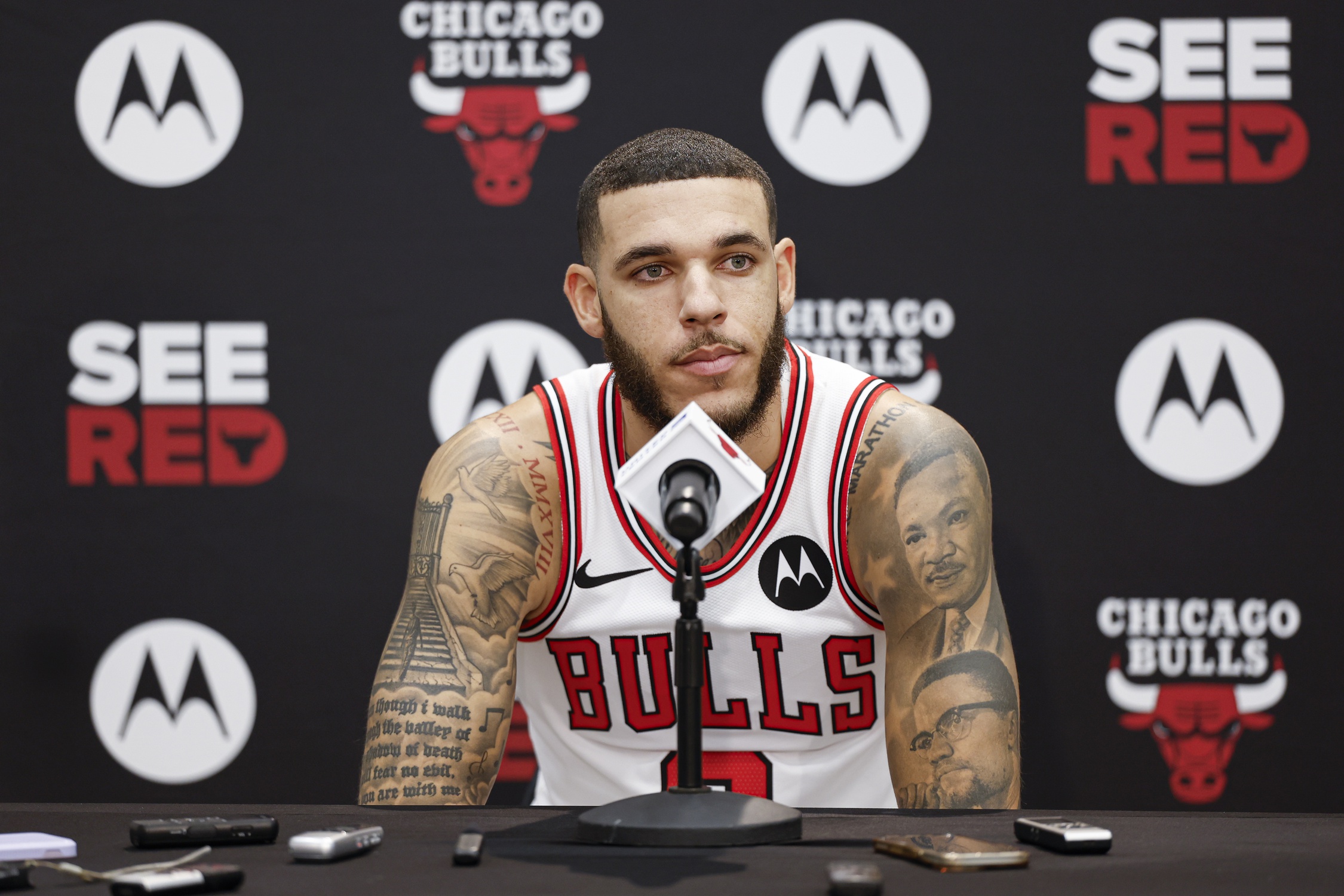 Sep 30, 2024; Chicago, Il, USA; Chicago Bulls guard Lonzo Ball (2) speaks to the press during Media Day. Mandatory Credit: Kamil Krzaczynski-Imagn Images