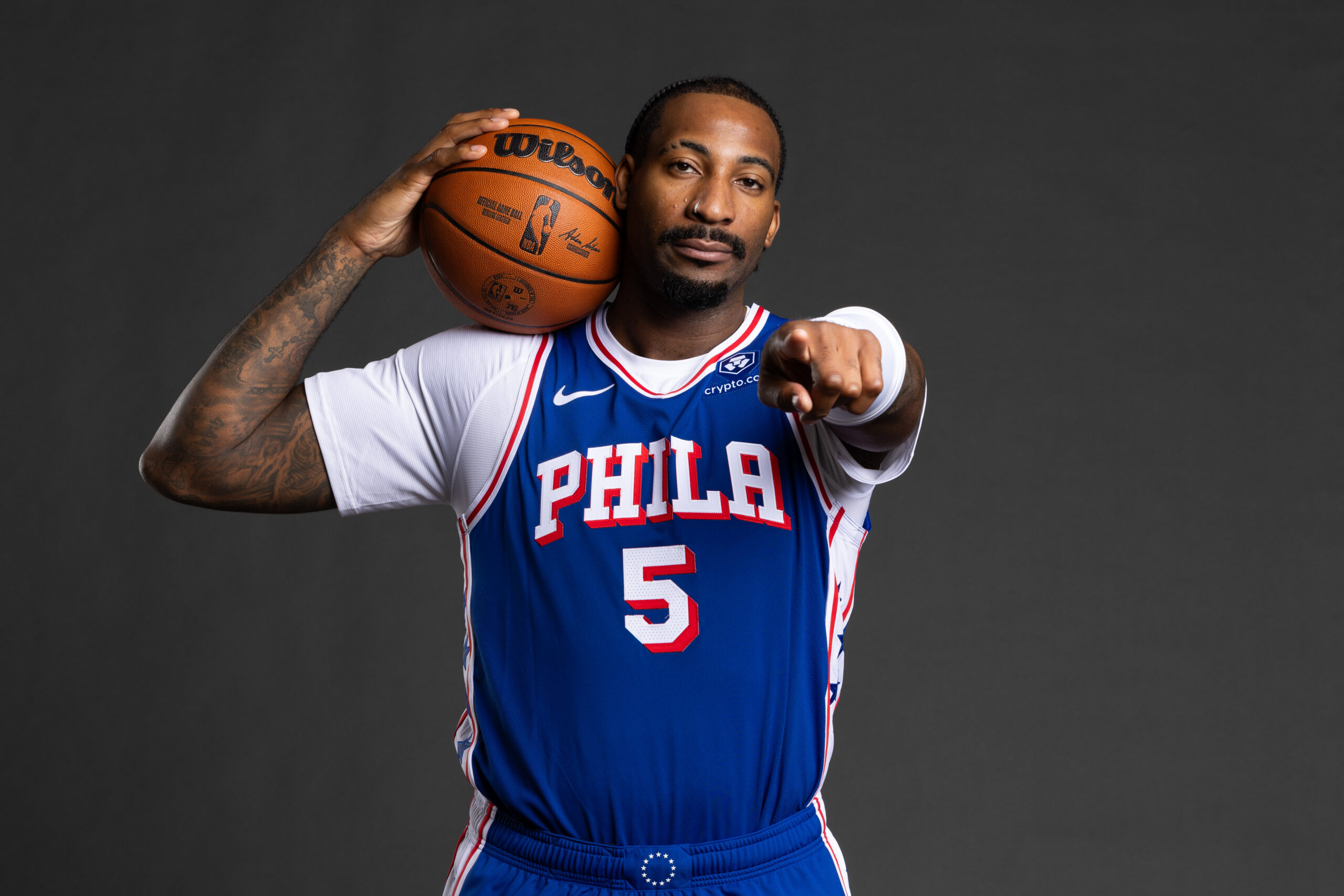 Sep 30, 2024; Camden, NJ, USA; Philadelphia 76ers center Andre Drummond (5) poses for a photo on media day at the Philadelphia 76ers Training Complex.