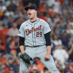 Oct 1, 2024; Houston, Texas, USA; Detroit Tigers pitcher Tarik Skubal (29) reacts after a strikeout against the Houston Astros in the sixth inning in game one of the Wild Card round for the 2024 MLB Playoffs at Minute Maid Park.