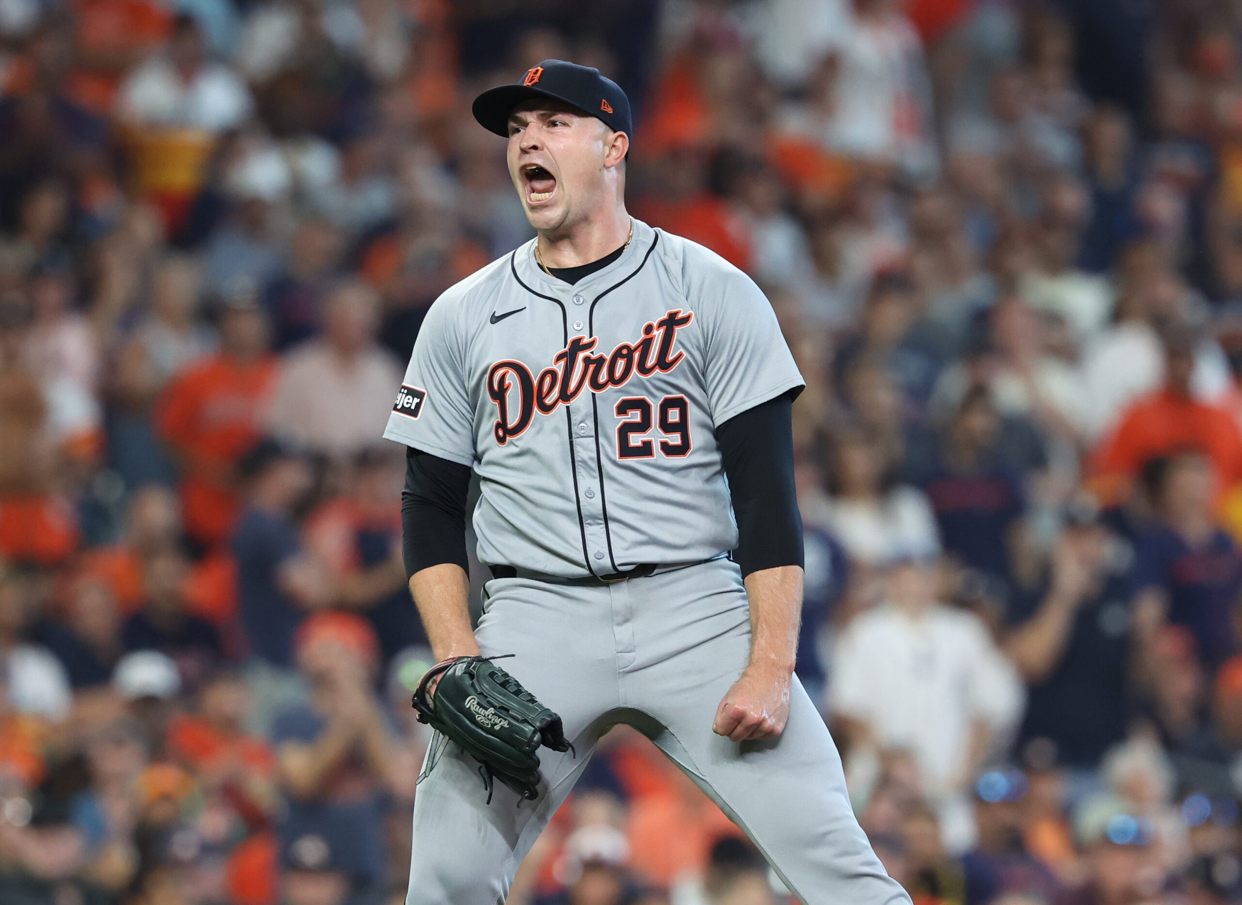 Oct 1, 2024; Houston, Texas, USA; Detroit Tigers pitcher Tarik Skubal (29) reacts after a strikeout against the Houston Astros in the sixth inning in game one of the Wild Card round for the 2024 MLB Playoffs at Minute Maid Park.