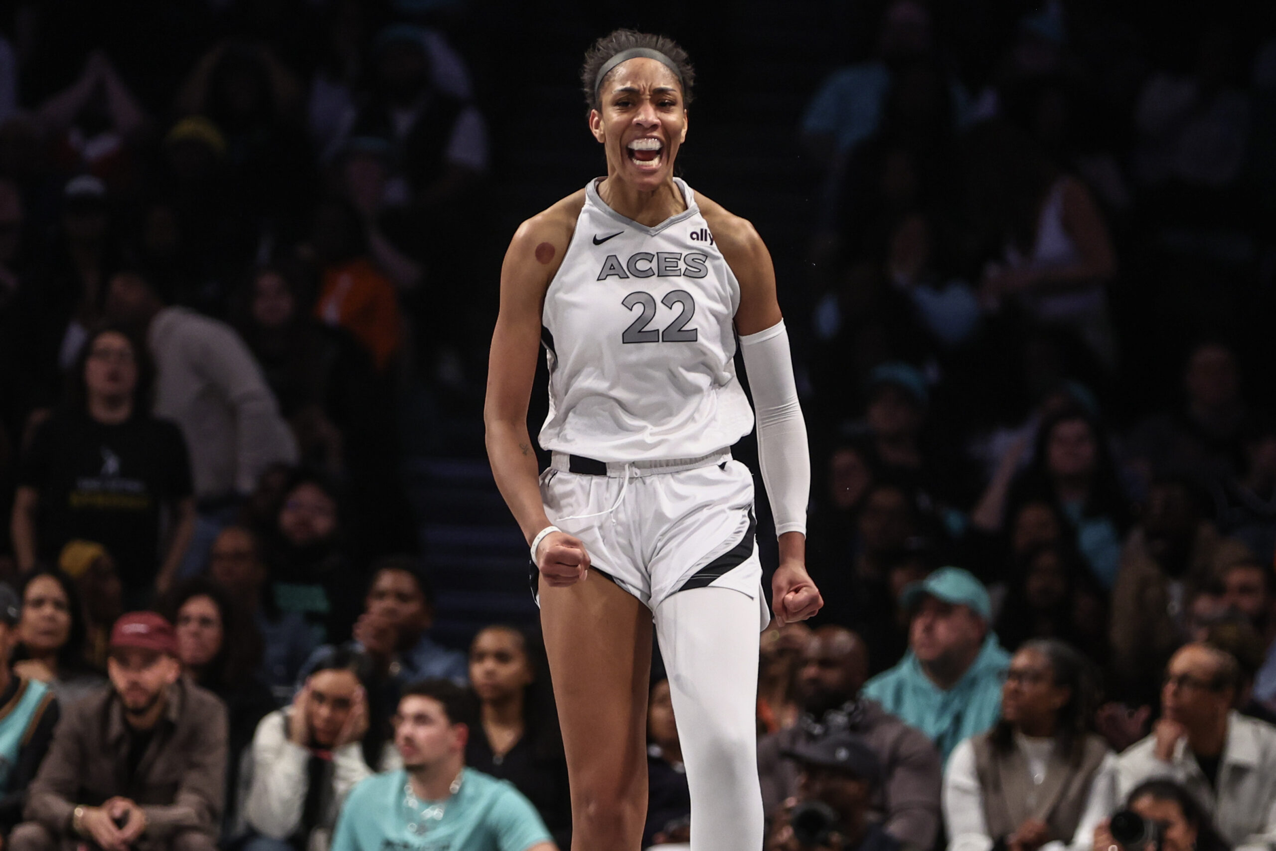 Oct 1, 2024; Brooklyn, New York, USA; Las Vegas Aces center A'ja Wilson (22) celebrates after scoring in the fourth quarter against the New York Liberty during game two of the 2024 WNBA Semi-finals at Barclays Center