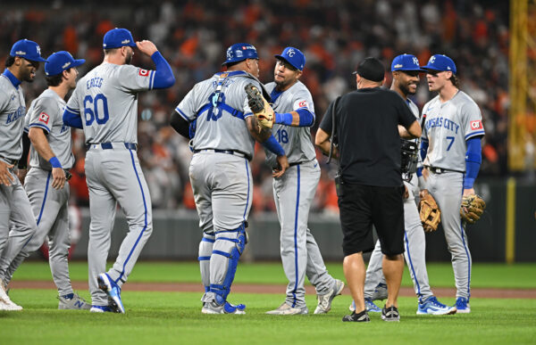 Oct 2, 2024; Baltimore, Maryland, USA; Kansas City Royals players celebrate after defeating the Baltimore Orioles in game two of the Wild Card round for the 2024 MLB Playoffs at Oriole Park at Camden Yards. Mandatory Credit: Tommy Gilligan-Imagn Images