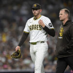 Oct 2, 2024; San Diego, California, USA; San Diego Padres pitcher Joe Musgrove (44) leaves the game during the fourth inning of game two in the Wildcard round for the 2024 MLB Playoffs against the Atlanta Braves at Petco Park.