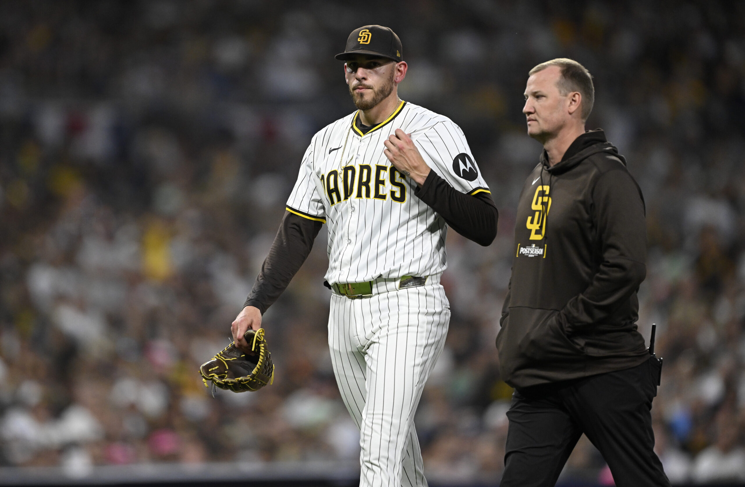 Oct 2, 2024; San Diego, California, USA; San Diego Padres pitcher Joe Musgrove (44) leaves the game during the fourth inning of game two in the Wildcard round for the 2024 MLB Playoffs against the Atlanta Braves at Petco Park.