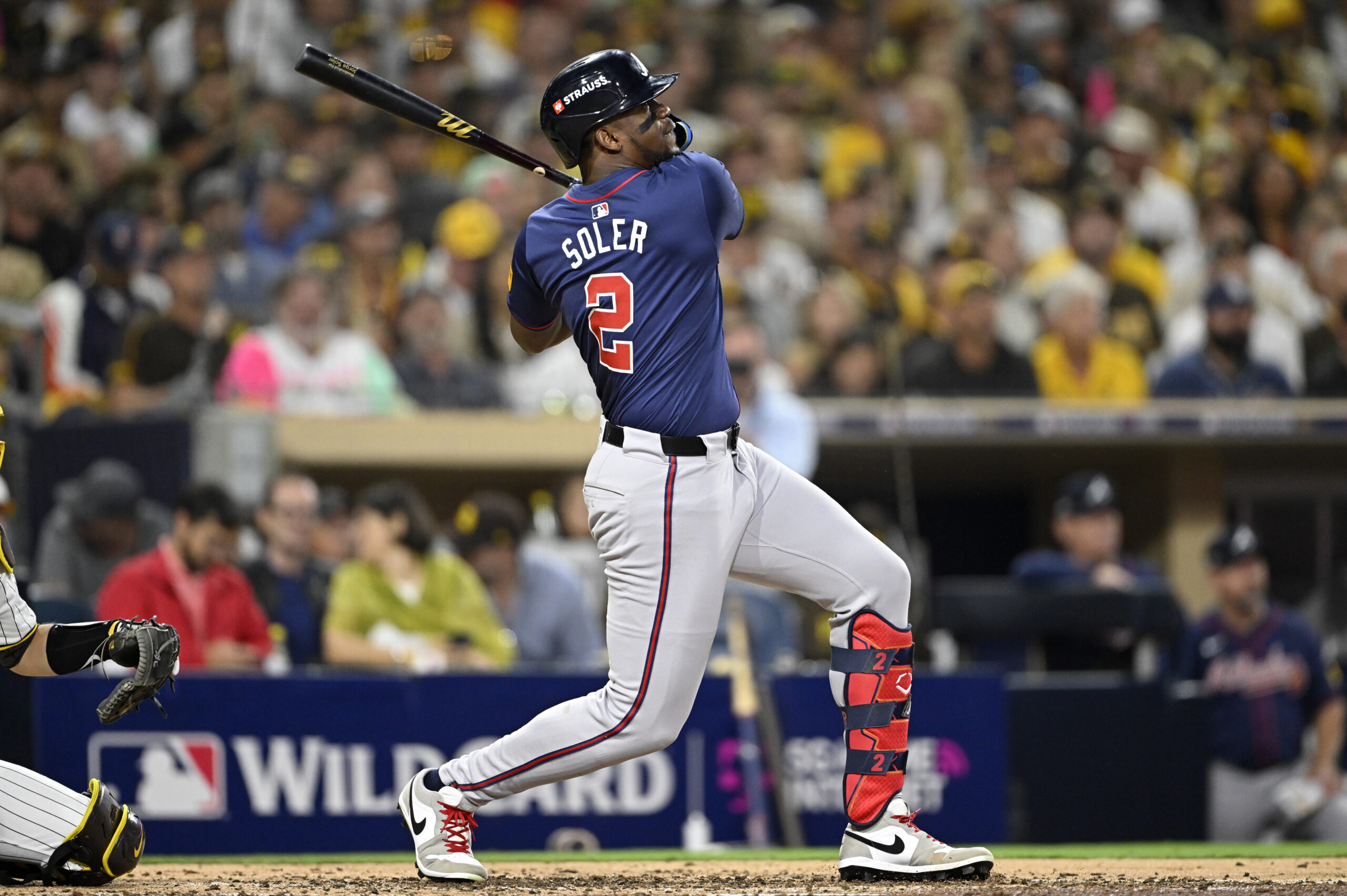 Oct 2, 2024; San Diego, California, USA; Atlanta Braves outfielder Jorge Soler (2) hits a solo home run during the fifth inning of game two in the Wildcard round for the 2024 MLB Playoffs against the San Diego Padres at Petco Park. Mandatory Credit: Denis Poroy-Imagn Images