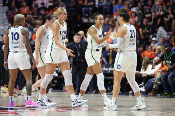 Oct 4, 2024; Uncasville, Connecticut, USA; Minnesota Lynx forward Napheesa Collier (24) celebrates with teammates during the second half against the Connecticut Sun during game three of the 2024 WNBA Semi-finals at Mohegan Sun Arena.