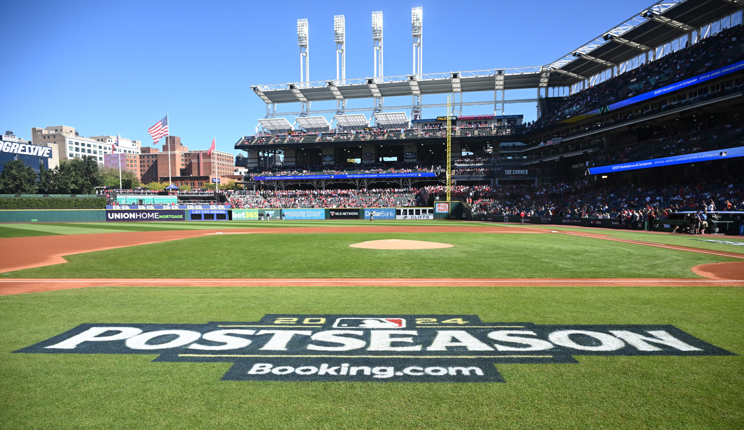 Oct 5, 2024; Cleveland, OH, USA; General view of the postseason logo on the field before game one of the ALDS for the 2024 MLB Playoffs between the Detroit Tigers and Cleveland Guardians at Progressive Field. Mandatory Credit: Ken Blaze-Imagn Images