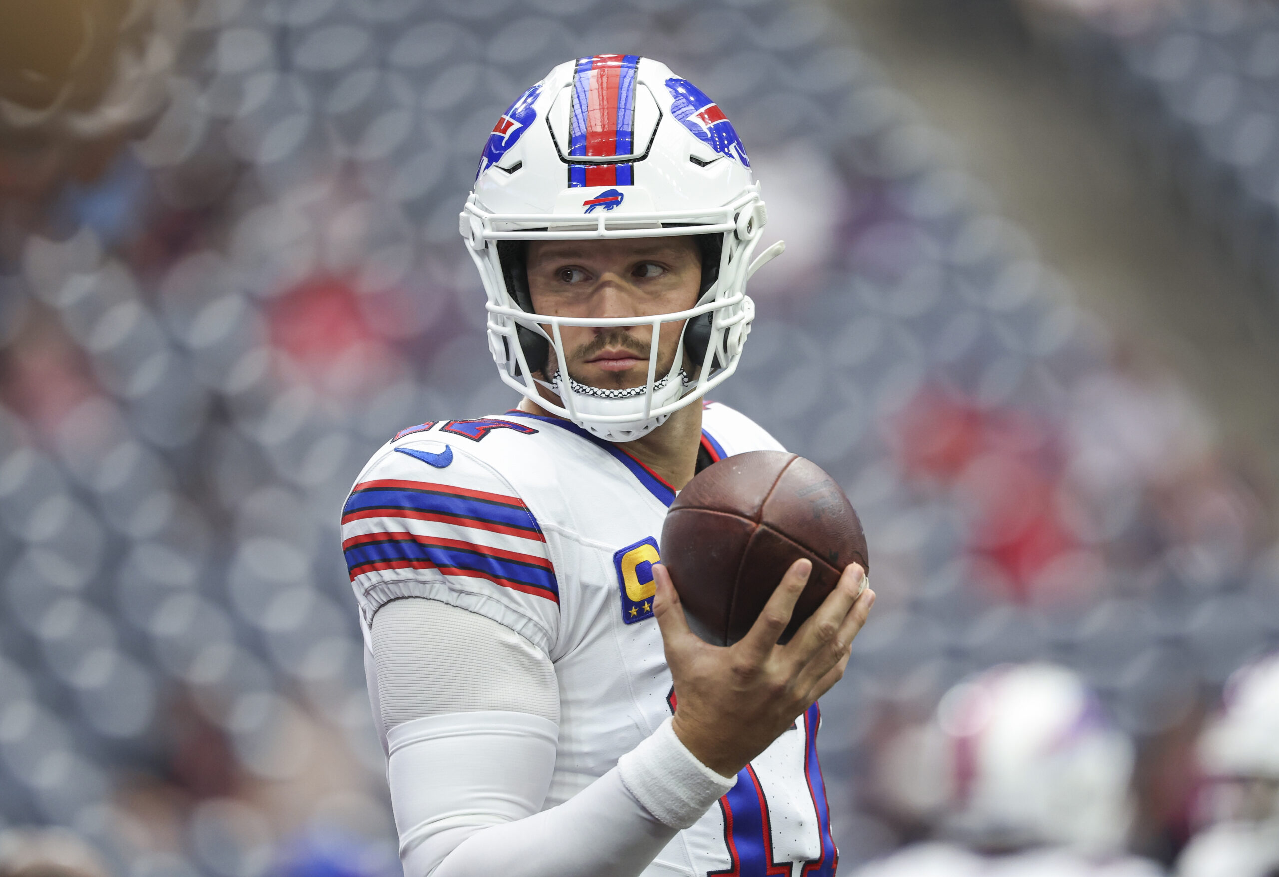 Oct 6, 2024; Houston, Texas, USA; Buffalo Bills quarterback Josh Allen (17) on the field before the game against the Houston Texans at NRG Stadium.