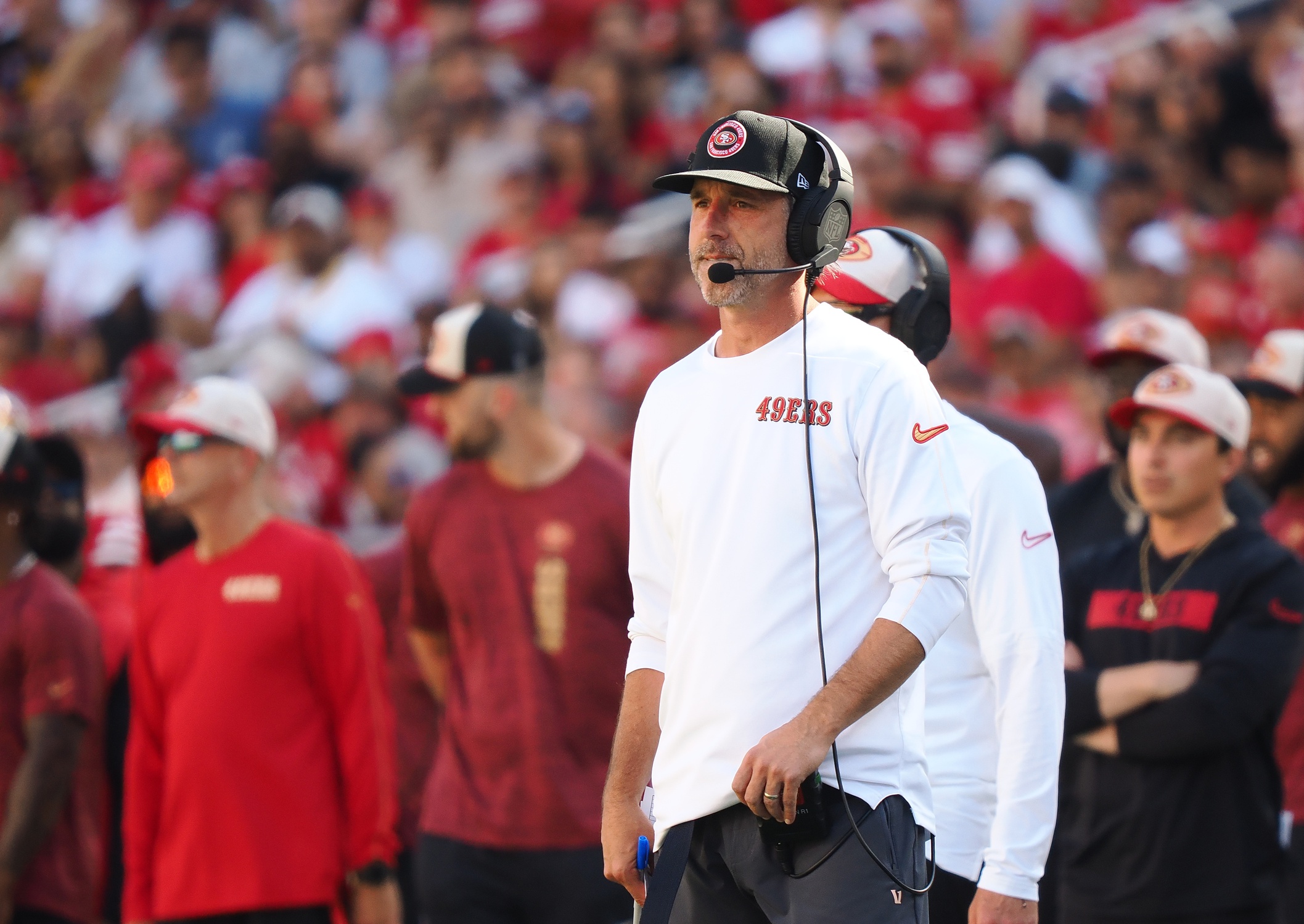 Oct 6, 2024; Santa Clara, California, USA; San Francisco 49ers head coach Kyle Shanahan on the sideline during the third quarter against the Arizona Cardinals at Levi's Stadium. Mandatory Credit: Kelley L Cox-Imagn Images