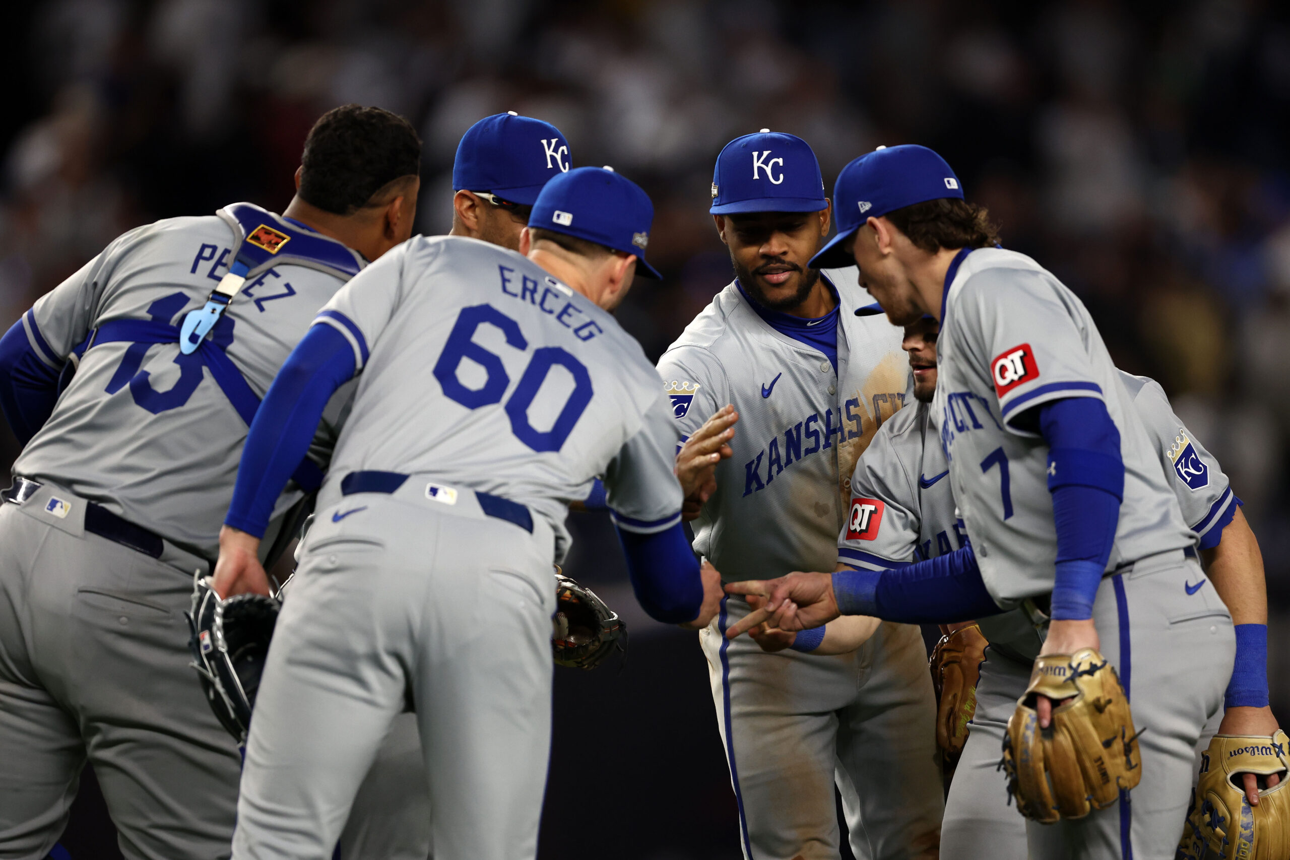 Oct 7, 2024; Bronx, New York, USA; Kansas City Royals players react after the ninth inning against the New York Yankees during game two of the ALDS for the 2024 MLB Playoffs at Yankee Stadium.