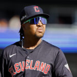 Oct 9, 2024; Detroit, Michigan, USA; Cleveland Guardians third baseman Jose Ramirez (11) looks on during the first inning during game three of the ALDS for the 2024 MLB Playoffs at Comerica Park. Mandatory Credit: Rick Osentoski-Imagn Images