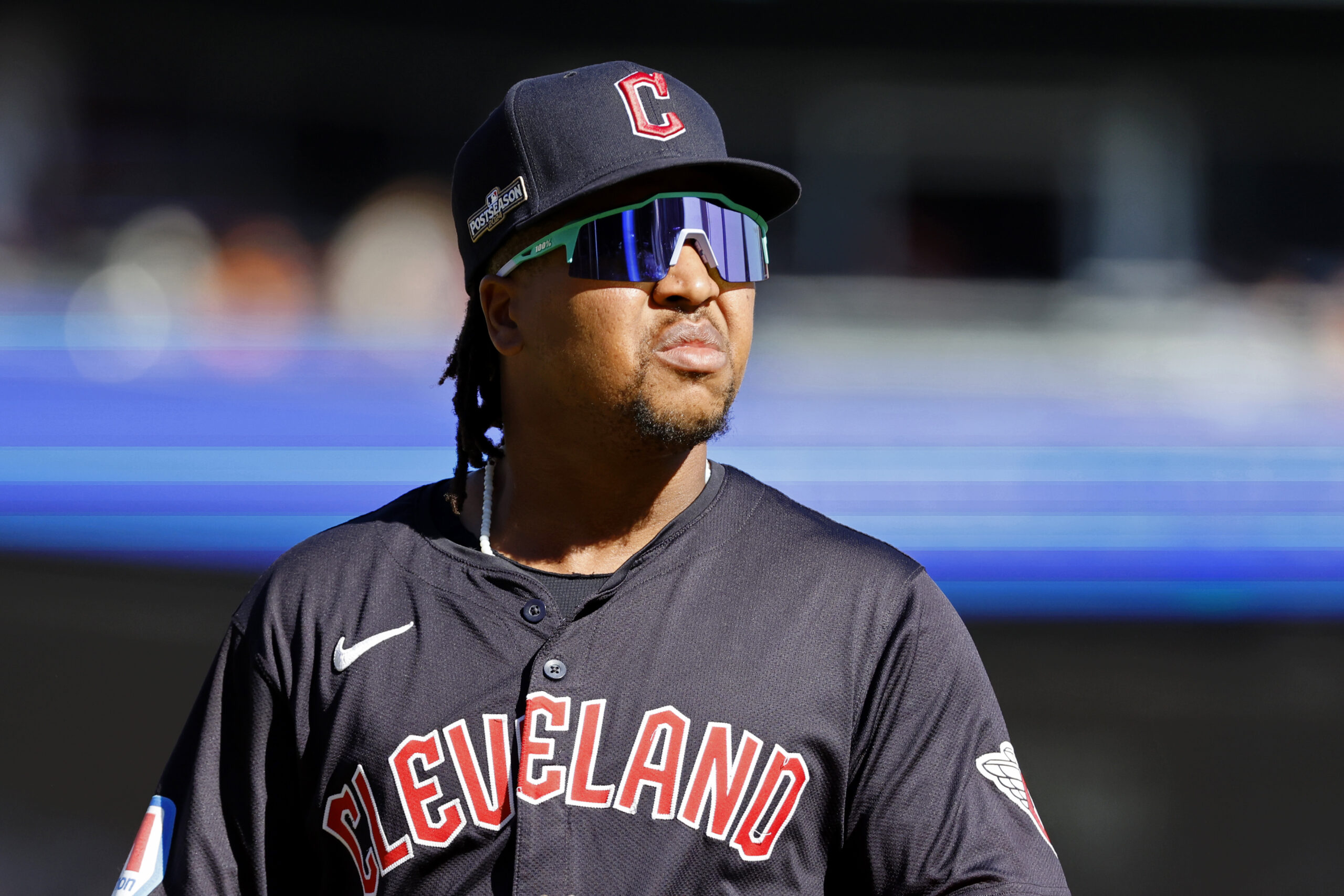 Oct 9, 2024; Detroit, Michigan, USA; Cleveland Guardians third baseman Jose Ramirez (11) looks on during the first inning during game three of the ALDS for the 2024 MLB Playoffs at Comerica Park. Mandatory Credit: Rick Osentoski-Imagn Images