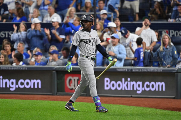 Oct 9, 2024; Kansas City, Missouri, USA; New York Yankees third base Jazz Chisholm Jr. (13) reacts after striking in the sixth inning against the Kansas City Royals during game three of the NLDS for the 2024 MLB Playoffs at Kauffman Stadium. Mandatory Credit: Peter Aiken-Imagn Images