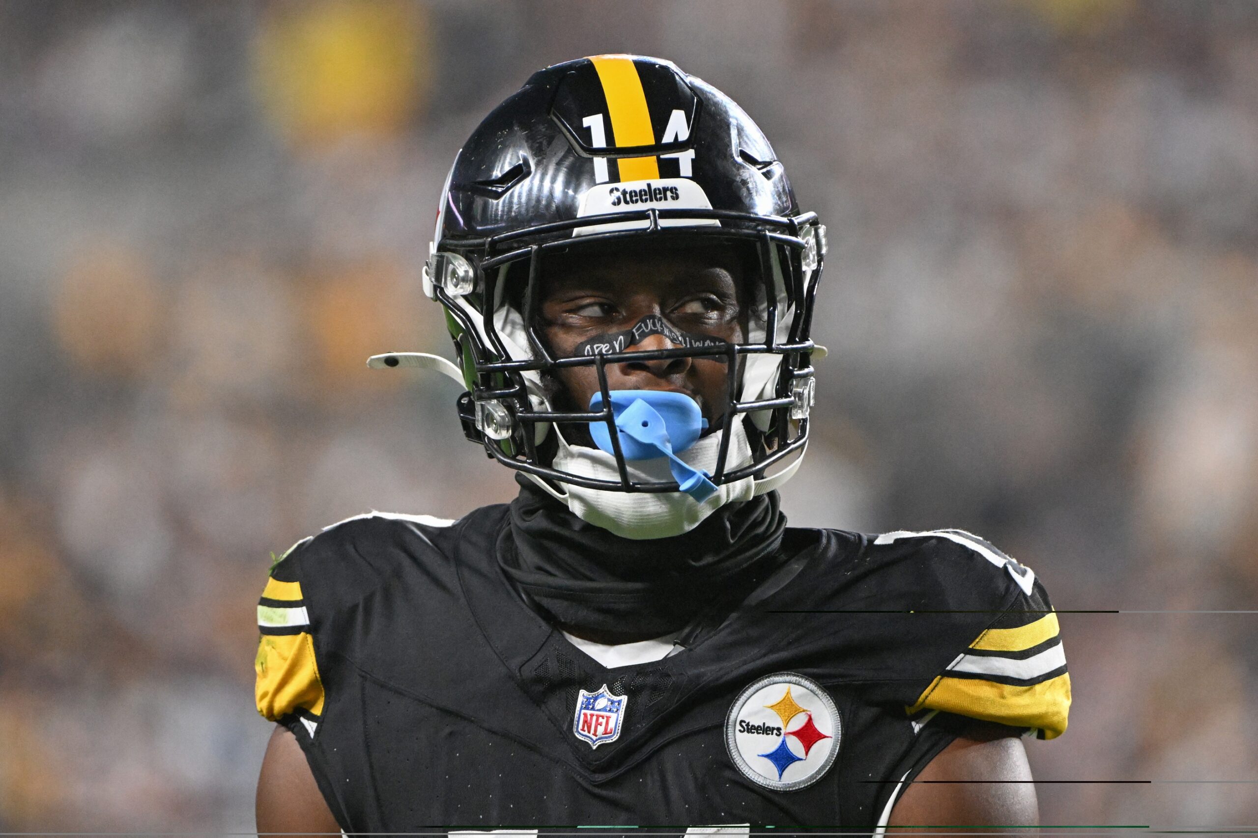 Oct 6, 2024; Pittsburgh, Pennsylvania, USA; Pittsburgh Steelers wide receiver George Pickens (14) walks off the field against the Dallas Cowboys during the third quarter at Acrisure Stadium. Mandatory Credit: Barry Reeger-Imagn Images