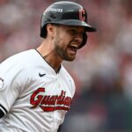 Oct 12, 2024; Cleveland, Ohio, USA; Cleveland Guardians outfielder Lane Thomas (8) runs the bases after hitting a grand slam in the fifth inning against the Detroit Tigers during game five of the ALDS for the 2024 MLB Playoffs at Progressive Field. Mandatory Credit: Ken Blaze-Imagn Images