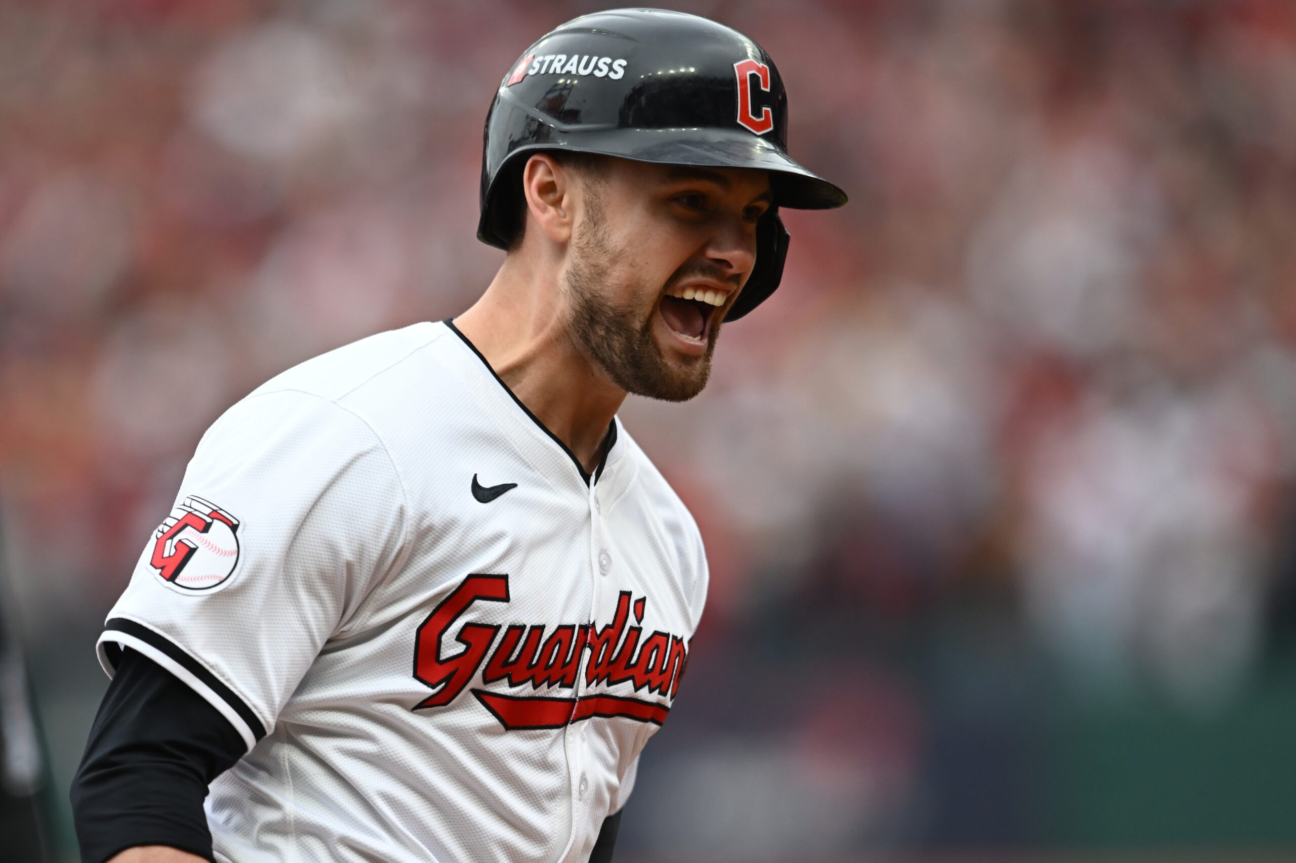 Oct 12, 2024; Cleveland, Ohio, USA; Cleveland Guardians outfielder Lane Thomas (8) runs the bases after hitting a grand slam in the fifth inning against the Detroit Tigers during game five of the ALDS for the 2024 MLB Playoffs at Progressive Field. Mandatory Credit: Ken Blaze-Imagn Images