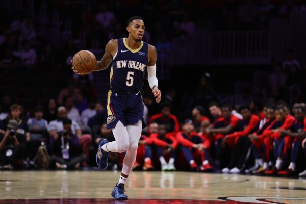 Oct 13, 2024; Miami, Florida, USA; New Orleans Pelicans guard Dejounte Murray (5) dribbles the basketball against the Miami Heat during the first quarter at Kaseya Center. Mandatory Credit: Sam Navarro-Imagn Images