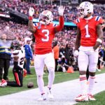 Oct 13, 2024; Foxborough, Massachusetts, USA; New England Patriots wide receiver DeMario Douglas (3) celebrates with wide receiver Ja'Lynn Polk (1) after scoring a touchdown against the Houston Texans during the second half at Gillette Stadium. Mandatory Credit: Brian Fluharty-Imagn Images