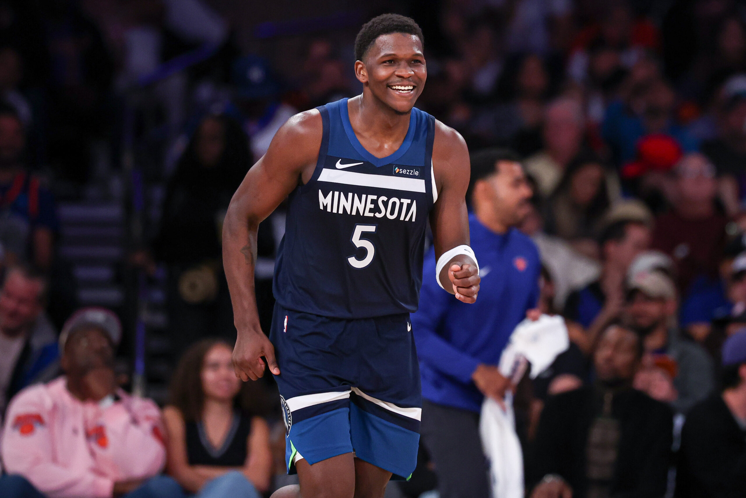 Oct 13, 2024; New York, New York, USA; Minnesota Timberwolves guard Anthony Edwards (5) reacts after making a basket against the New York Knicks during the first half at Madison Square Garden